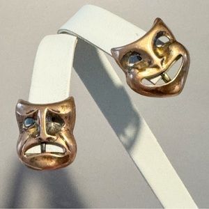 Vintage copper drama comedy masks screwback earrings